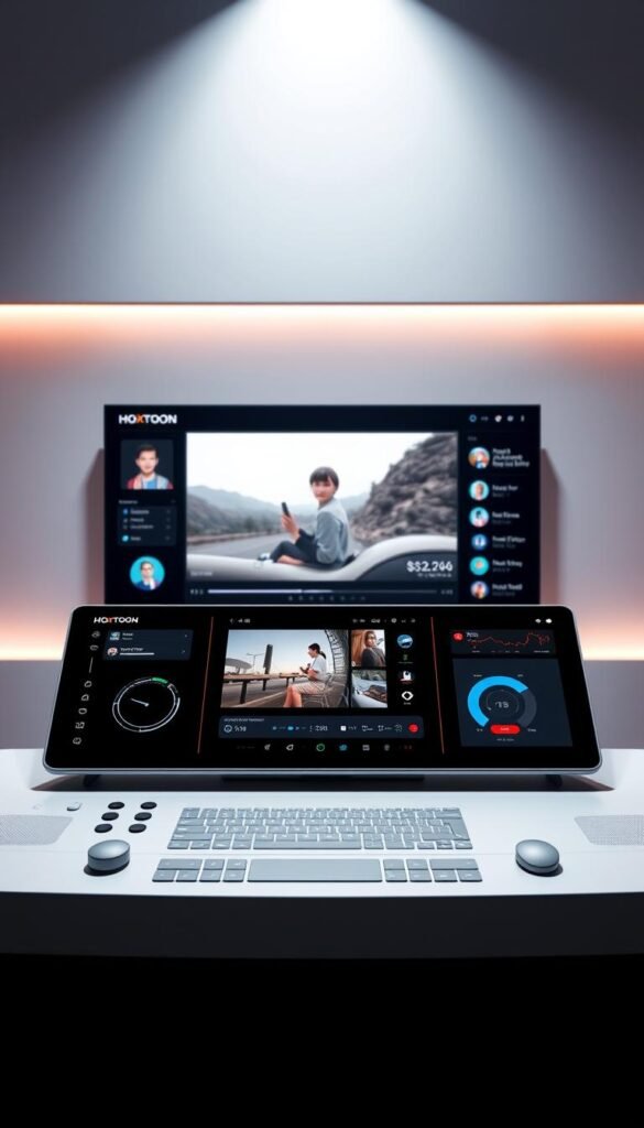 A sleek, modern user interface showcasing the Hoxtoon Provider brand. In the foreground, a minimalist dashboard displays intuitive controls and visualizations, with crisp iconography and a clean, uncluttered layout. The middle ground features a large, high-definition video player, surrounded by a simple yet elegant user menu and navigation panels. In the background, a soft, ambient lighting scheme sets a calming, immersive atmosphere, highlighting the interface's seamless integration and user-friendly design. The overall composition conveys a sense of sophistication, efficiency, and a premium user experience tailored for the Hoxtoon entertainment platform.