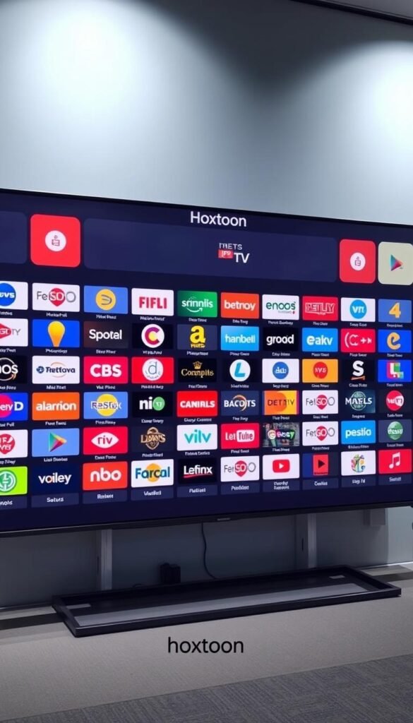 A sleek, modern user interface showcasing the extensive channel selection of the Hoxtoon IPTV provider. The screen is dominated by a large grid of colorful channel logos, each representing a diverse range of content from news, sports, movies, and entertainment. The layout is clean and intuitive, with clear category labels guiding the viewer's eye. Soft lighting illuminates the scene, creating a sense of depth and sophistication. The Hoxtoon logo is prominently displayed, subtly reinforcing the brand's premium quality. The overall impression is one of a comprehensive, high-end IPTV service offering unparalleled entertainment options.