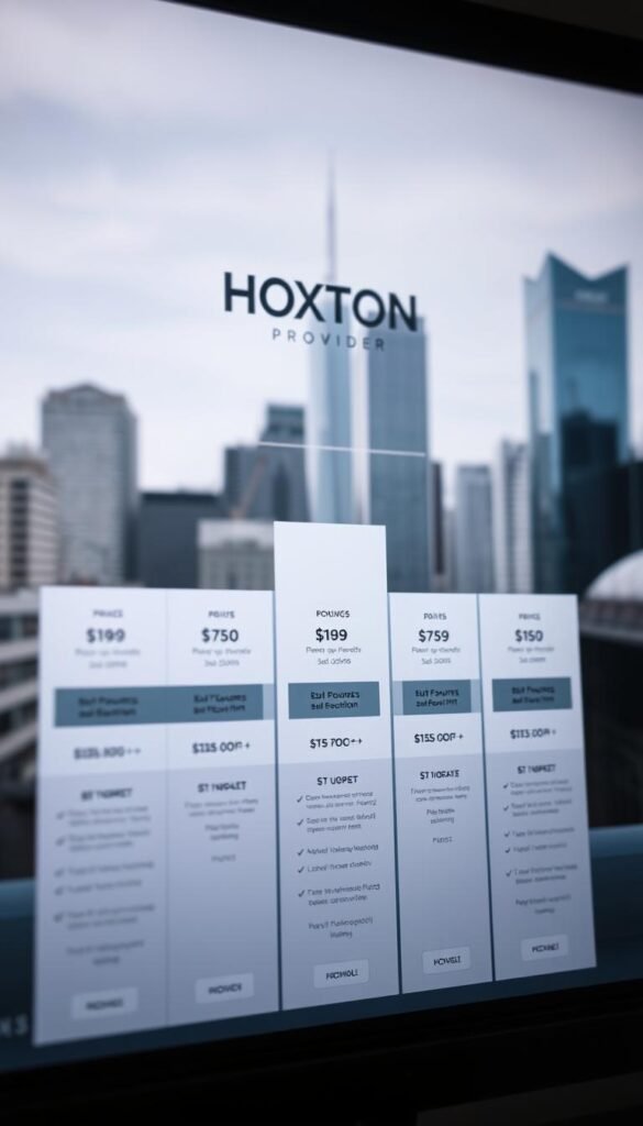 A sleek, modern web page showcasing HOXTOON Provider's IPTV subscription deals. In the foreground, various pricing plans are displayed, each with a clear breakdown of features and costs. The middle ground features a minimalist layout with clean typography and subtle branding elements. In the background, a blurred city skyline creates a sense of urban sophistication. The lighting is soft and directional, highlighting the premium aesthetic. The camera angle is slightly elevated, giving the image an aspirational, high-end feel. The overall mood is one of professionalism, value, and consumer-friendly simplicity.