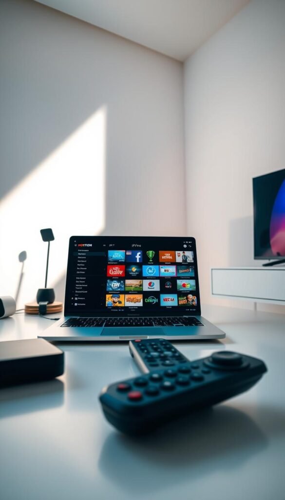 A sleek, modern workspace with a laptop, remote control, and lifetime IPTV subscription from the Hoxtoon Provider prominently displayed. The scene is well-lit with soft, natural lighting flooding the space, creating a warm and inviting atmosphere. The laptop screen displays a vibrant, high-definition IPTV interface, showcasing the vast selection of channels and content available with the lifetime subscription. The remote control is positioned within easy reach, symbolizing the convenience and accessibility of the Hoxtoon IPTV service. The overall composition conveys a sense of productivity, entertainment, and the value of a lifetime IPTV subscription.
