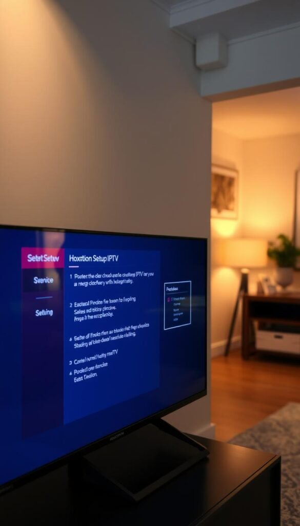 A smart TV screen displaying the setup process for the Hoxtoon Provider IPTV service, shot in a well-lit environment with a warm, inviting atmosphere. The foreground features the TV screen with clear, detailed instructions and intuitive on-screen menus. The middle ground showcases the sleek, modern design of the smart TV, and the background hints at a cozy, living room setting with subtle decor elements. The overall tone is one of simplicity, ease of use, and a seamless integration of the Hoxtoon Provider IPTV service into the user's home entertainment setup.