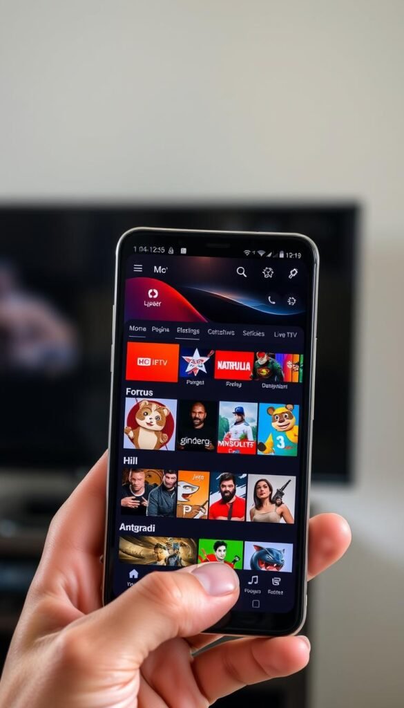 A sophisticated Android mobile device displaying the Hoxtoon Provider IPTV Premium APK interface. The screen showcases a sleek and modern design with vibrant colors, sharp icons, and a seamless user experience. The device is held in the foreground, capturing the app's intuitive navigation and a selection of popular live TV channels. The background is softly blurred, highlighting the app's functionality as the central focus. The lighting is natural and balanced, creating a pleasant and inviting atmosphere. The overall composition conveys the power and convenience of the IPTV Premium APK, ready to unlock a world of endless streaming possibilities.