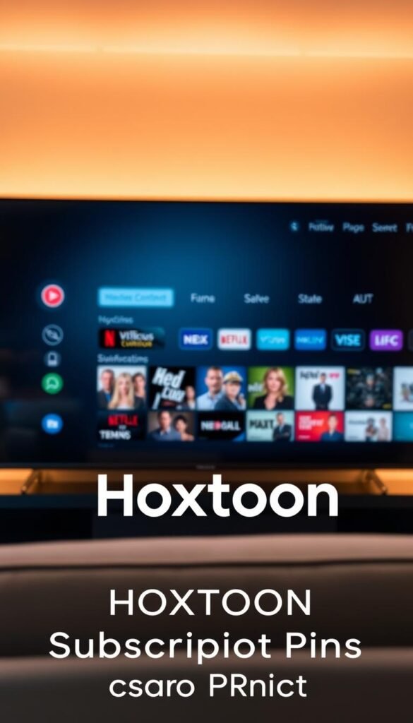 A sophisticated IPTV app interface for a smart TV, rendered in a sleek, minimalist style. In the foreground, the Hoxtoon Provider logo is prominently displayed, conveying a sense of premium quality. The app's main menu occupies the middle ground, showcasing a clean grid layout of various content categories. The background features a subtle, gradient-based color scheme that complements the overall aesthetic. Warm, directional lighting creates depth and highlights the app's user-friendly design. The camera angle is slightly elevated, providing an immersive, cinematic perspective. The overall mood is one of modern, high-end sophistication, perfectly suited to illustrate the "HOXTOON Subscription Plans and Pricing" section of the article.