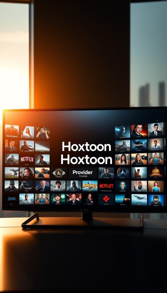 A sophisticated IPTV streaming service interface, showcasing a sleek and intuitive layout. The display features the "Hoxtoon Provider" logo prominently in the center, surrounded by a grid of high-definition channel thumbnails. The scene is bathed in a warm, cinematic lighting, creating a premium, immersive atmosphere. The interface is responsive and dynamic, with smooth transitions between content. In the background, a blurred cityscape or landscape provides a subtle, contextual setting. The overall composition conveys the idea of boundless entertainment and unparalleled access to a vast library of TV shows, movies, and live channels.