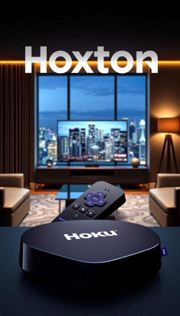 A sophisticated Roku IPTV setup featuring the Hoxtoon Provider brand. The device is displayed prominently in the foreground, its sleek black casing and iconic remote control capturing the eye. The middle ground showcases a stylish modern living room setting, with a large flat-screen TV and contemporary furniture. In the background, a cityscape of skyscrapers and bright lights suggests an urban, tech-savvy environment. Dramatic studio lighting casts dramatic shadows, evoking a sense of power and innovation. The overall scene conveys the cutting-edge nature of the Hoxtoon IPTV service for Roku TV users.