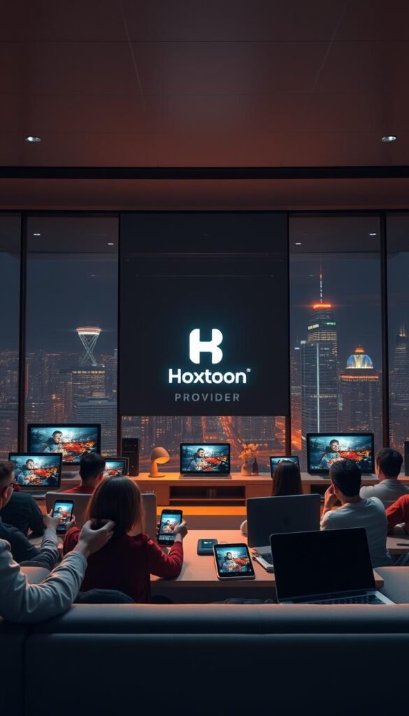 A sophisticated digital realm, where seamless multi-device integration reigns supreme. In the center, the iconic Hoxtoon Provider logo stands as a beacon, surrounded by a harmonious fusion of modern devices - sleek smartphones, tablets, and laptops. Warm, diffused lighting bathes the scene, creating a sense of comfort and accessibility. The foreground features users effortlessly accessing content across their devices, while the background showcases a vibrant cityscape, symbolizing the boundless possibilities of anytime, anywhere entertainment. Crisp lines, muted colors, and a touch of minimalism convey the cutting-edge technology and user-centric design that defines the Hoxtoon experience.
