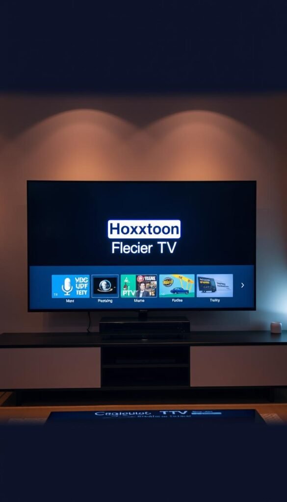 A sophisticated home media setup with a sleek black TV display showcasing the "Catch Up TV IPTV" interface. The Hoxtoon Provider logo prominently featured in the center, surrounded by a minimalist and modern design. Soft ambient lighting casts a warm glow, creating a cozy and inviting atmosphere. The scene depicts the convenience and user-friendly experience of this cutting-edge IPTV service, enticing the viewer to explore its capabilities.