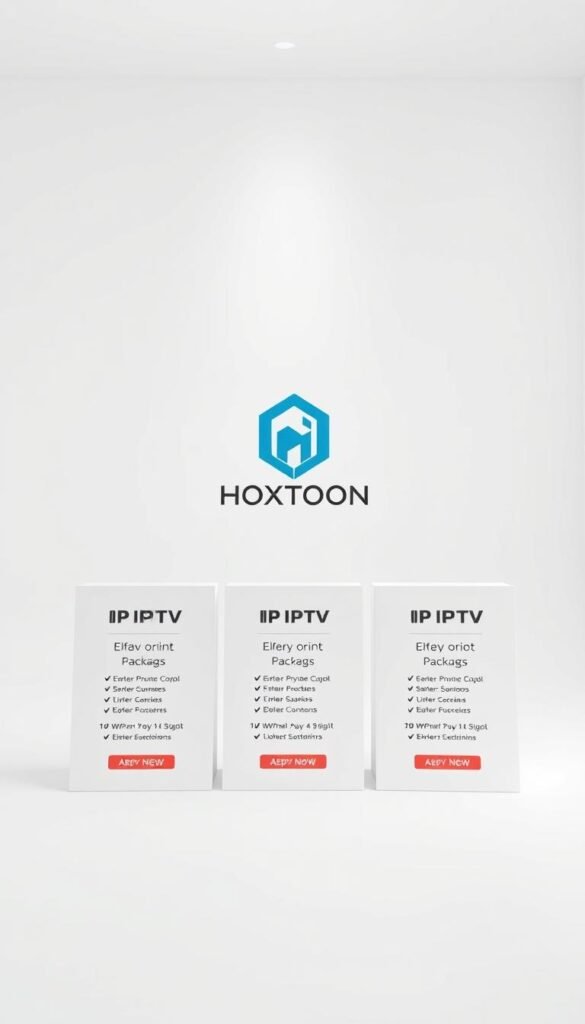 A sophisticated, minimalist product display of IPTV subscription plans from the Hoxtoon Provider. A clean, light-filled studio setting with a white backdrop and soft, even lighting. In the foreground, three stacked rectangular panels showcase the package details in a sleek, typographic design. The middle ground features the Hoxtoon Provider logo, rendered in a modern, geometric style. The background is a simple gradient, creating depth and focus on the central elements. Overall, a high-quality, visually appealing presentation of the IPTV offerings.