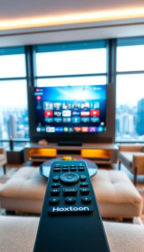 A sophisticated, modern living room with a large flat-screen TV displaying a vibrant, high-quality IPTV interface. In the foreground, a sleek, minimalist remote control representing the "Hoxtoon Provider" brand. The middle ground features a comfortable couch and armchair, creating a cozy atmosphere. The background showcases a panoramic view of a bustling city skyline, reflecting the wide range of channels and content available through the Hoxtoon IPTV service. The lighting is warm and inviting, highlighting the premium quality of the Hoxtoon IPTV experience. The overall scene conveys a sense of luxury, convenience, and the advantages of Hoxtoon over traditional cable TV.
