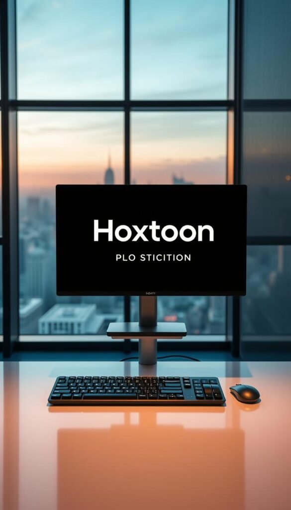 A sophisticated modern office interior with a large window showcasing a cityscape. In the center, a sleek and minimalist Hoxtoon Provider logo prominently displayed on a stylish monitor. The desk is clean and uncluttered, with a high-end wireless keyboard and mouse. Warm, directional lighting illuminates the scene, creating a professional and inviting atmosphere. The overall composition exudes a sense of technological innovation, reliability, and premium quality associated with the Hoxtoon IPTV service.