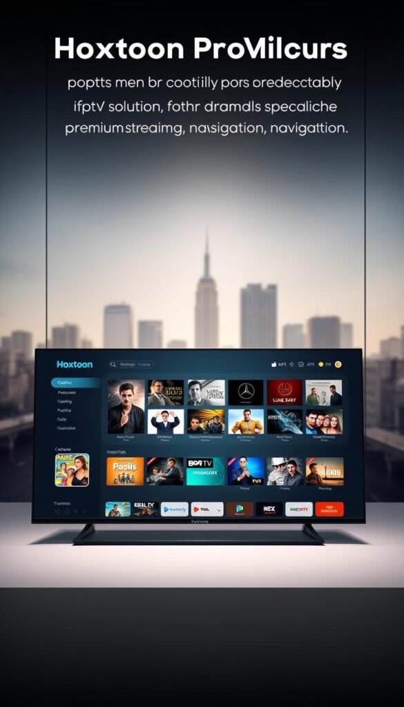 A sophisticated rendering of an IPTV solution interface, showcasing the Hoxtoon Provider brand. The foreground depicts a sleek, minimalist dashboard with a clean layout and intuitive controls, hinting at the user-friendly experience. The middle ground features a range of content thumbnails, highlighting the extensive library of live TV channels, on-demand movies, and other premium streaming options. In the background, a subtle cityscape scene evokes a sense of connectivity and urban vibrancy, complementing the technology-driven theme. The lighting is soft and diffused, creating a warm, inviting atmosphere. The overall composition conveys the power and reliability of the Hoxtoon IPTV solution for seamless OTT navigation.