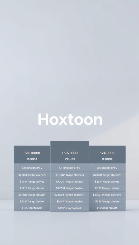 A sophisticated set of IPTV subscription plans from Hoxtoon Provider, featuring a clean and modern layout. The plans are presented against a minimalist backdrop, allowing the details to take center stage. The foreground showcases the various plan tiers, each with a clear breakdown of the included features, such as the number of supported devices, channel count, and pricing. The middle ground highlights the Hoxtoon brand name in a bold, eye-catching manner, reinforcing the provider's identity. The background is softly blurred, creating a sense of depth and focus on the core information. Overall, the image conveys a professional, high-quality IPTV service with a range of accessible subscription options.