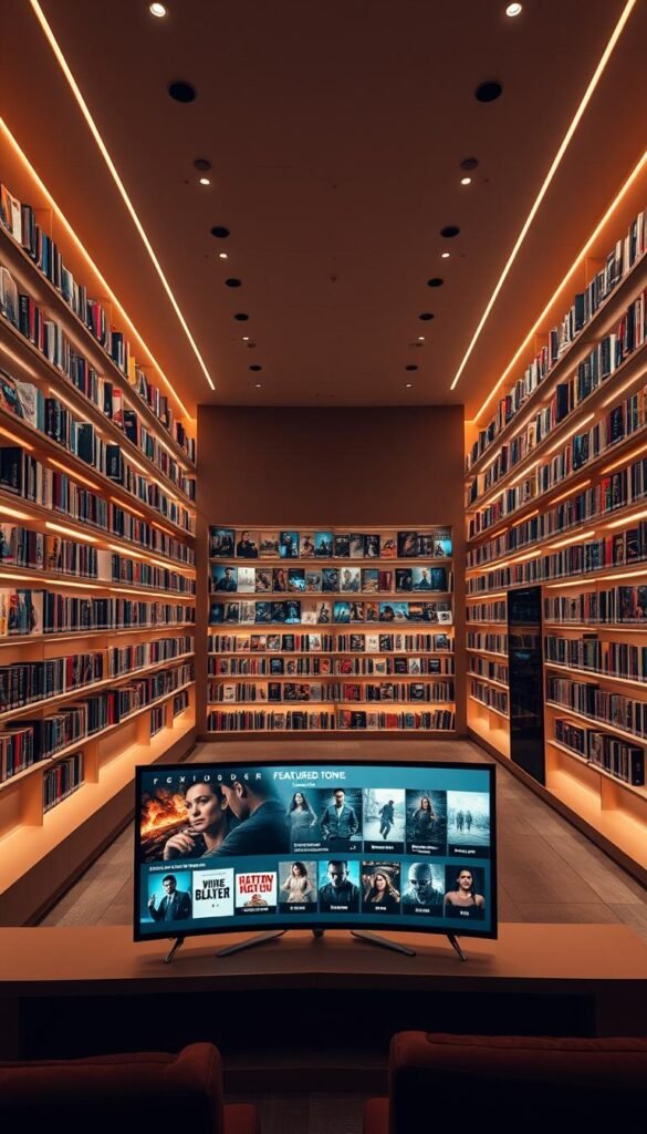 A spacious and well-organized media library, the Hoxtoon Provider VOD Collection presents a vast array of high-quality movies and shows. Bathed in a warm, cinematic lighting, the sleek shelves are neatly arranged, filled with a diverse selection of titles. In the foreground, a large, curved display showcases the latest featured content, inviting viewers to explore the expansive library. The middle ground reveals rows of categorized content, from action-packed blockbusters to thought-provoking documentaries, catering to a wide range of tastes. In the background, a subtle, minimalist design sets the tone, allowing the content to take center stage. The overall atmosphere is one of sophistication and curation, reflecting the Hoxtoon Provider's commitment to delivering a premium streaming experience.