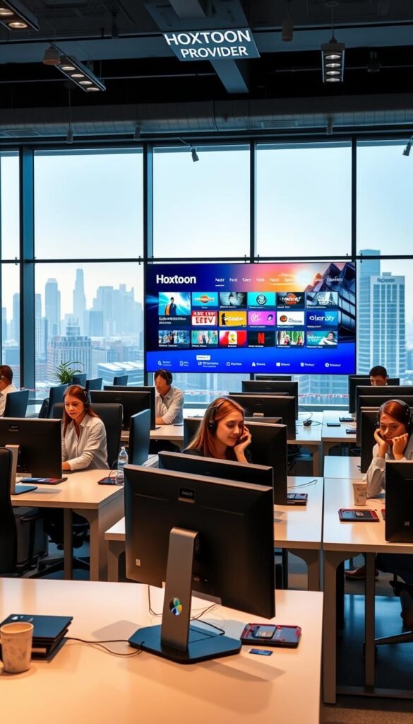 A spacious, modern customer service office for the Hoxtoon Provider company. In the foreground, a team of friendly, attentive customer support agents seated at sleek, ergonomic desks, eagerly assisting callers with their inquiries. The middle ground features a vibrant, interactive display wall showcasing Hoxtoon's IPTV services and channel lineup. The background depicts floor-to-ceiling windows overlooking a bustling city skyline, bathed in warm, natural lighting. The overall atmosphere conveys a sense of professionalism, efficiency, and a genuine commitment to customer satisfaction.
