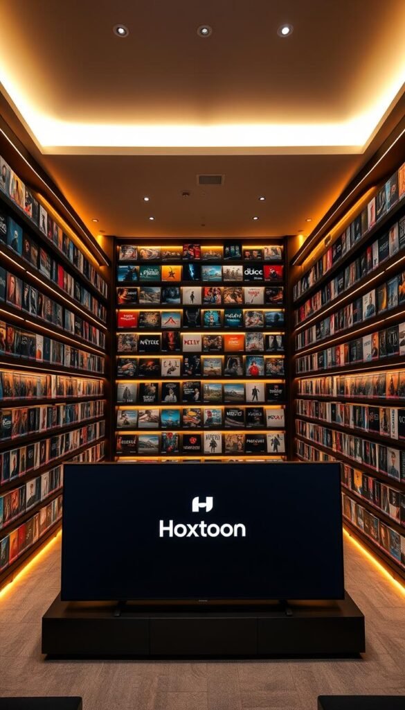 A spacious, well-lit entertainment center with rows of sleek, modern shelves showcasing the vast Hoxtoon Provider VOD library. Warm, inviting lighting illuminates the thousands of film and TV show covers, each promising a unique cinematic experience. The shelves extend deep into the frame, creating a sense of depth and abundance. In the foreground, a central display showcases the Hoxtoon Provider brand and logo, subtly drawing the viewer's attention. The overall atmosphere is one of sophistication, curation, and an endless array of entertainment options at the user's fingertips.