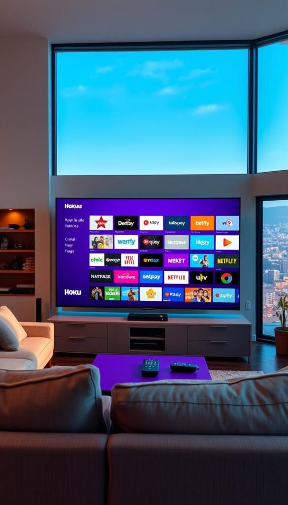 A spacious, well-lit living room with a large Roku TV screen prominently displayed. The screen shows a vibrant and diverse channel selection interface from the Hoxtoon Provider, featuring a grid of channel logos and thumbnails. The room is bathed in warm, natural lighting, creating a cozy and inviting atmosphere. In the foreground, a comfortable couch and coffee table set the stage for a relaxing viewing experience. The middle ground showcases various smart home devices, subtly highlighting the integrated nature of the Hoxtoon platform. The background features large windows overlooking a scenic cityscape, emphasizing the expansive reach and comprehensive content offerings of the Hoxtoon Provider.