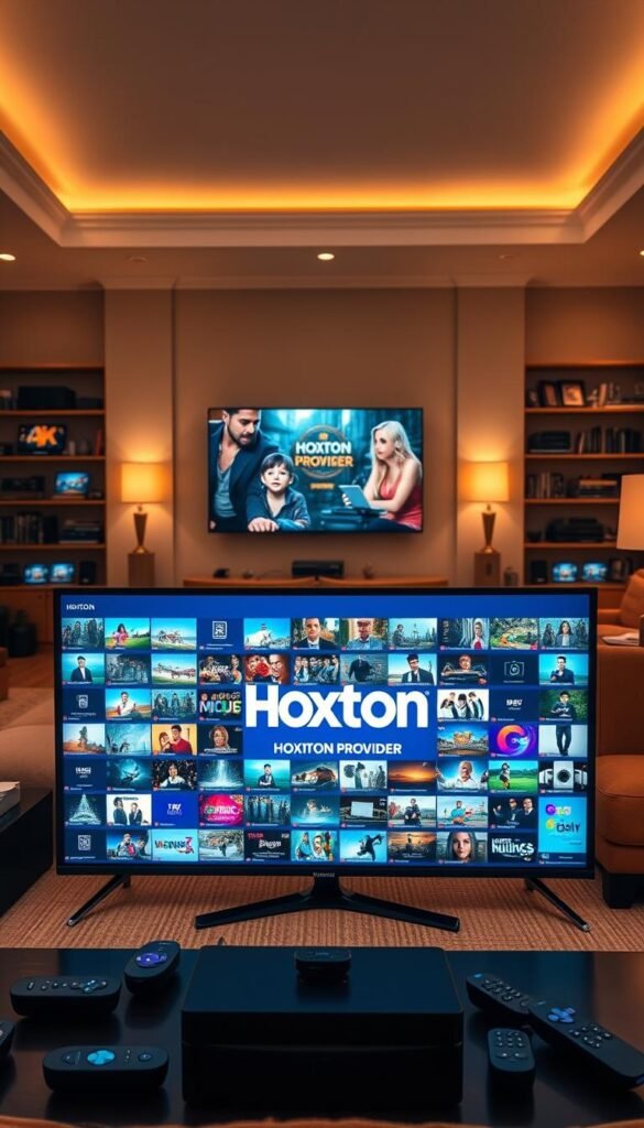 A spacious, well-organized home media center showcasing the impressive Hoxtoon IPTV Collection. In the foreground, a sleek Roku TV displays the Hoxtoon Provider brand, surrounded by a neatly arranged array of streaming devices and remote controls. The middle ground features rows of high-quality, 4K video thumbnails representing the vast 150,000+ video-on-demand library, meticulously categorized and easily navigable. In the background, a warm, inviting living room setting with comfortable furniture and soft lighting creates a cozy, cinema-like atmosphere, setting the stage for an immersive entertainment experience. The overall scene conveys the depth, quality, and user-friendliness of the Hoxtoon IPTV ecosystem.