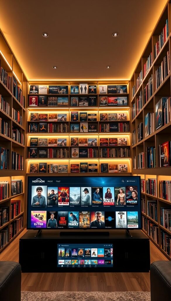 A spacious, well-organized media library filled with a vast selection of movies, TV shows, and live channels from the Hoxtoon Provider. Sleek, modern shelves display content in vivid 4K resolution, with a warm, ambient lighting that creates a cozy, inviting atmosphere. In the foreground, a central display showcases the breadth of the Hoxtoon content library, with high-quality thumbnails of popular titles. The middle ground features a collection of user-friendly interface elements, allowing for seamless browsing and selection. The background depicts a minimalist, contemporary setting, emphasizing the technological prowess and user-centric design of the Hoxtoon platform.