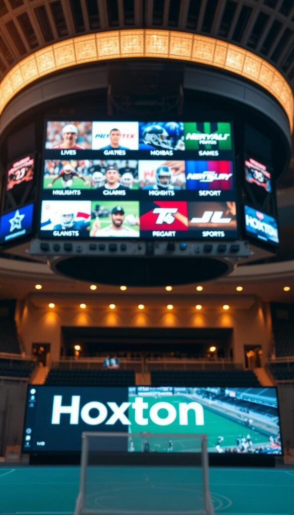 A sports arena with a large screen displaying various IPTV sports packages, including live games, highlights, and on-demand content. In the foreground, a Hoxtoon Provider logo is prominently displayed, indicating the comprehensive sports coverage offered by this IPTV service. The lighting is warm and inviting, creating a sense of excitement and anticipation for the upcoming events. The camera angle is slightly elevated, providing a dynamic and immersive perspective. The background features a sleek, modern design with subtle nods to the world of sports and entertainment.