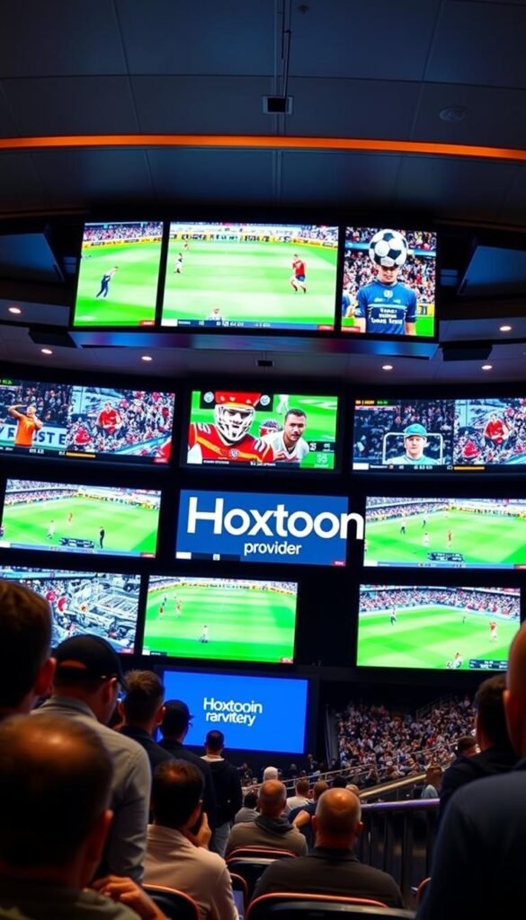 A sports arena with state-of-the-art IPTV screens showcasing a diverse selection of on-demand content, including live matches, highlights, and replays. In the foreground, viewers are engrossed in the action, while in the middle ground, the Hoxtoon Provider branding is prominently displayed, conveying a sense of quality and reliability. The background features a sleek, modern interior design with comfortable seating and a warm, inviting atmosphere, creating an immersive experience for sports enthusiasts.