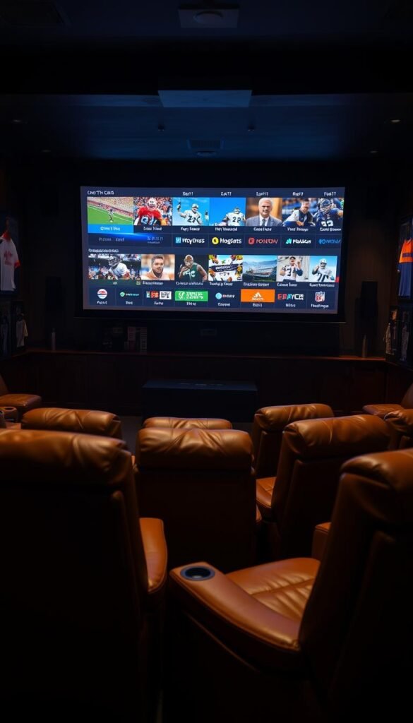 A sports bar interior with a large projection screen displaying various IPTV sports packages offered by the Hoxtoon Provider. The room is dimly lit, creating a cozy and immersive atmosphere. Plush leather recliners are arranged in a semicircle facing the screen, and the walls are adorned with sports memorabilia and framed jerseys. The lighting is warm and inviting, with subtle highlights accentuating the details of the sports packages displayed on the screen. The overall scene conveys a sense of anticipation and excitement for the upcoming sports events.