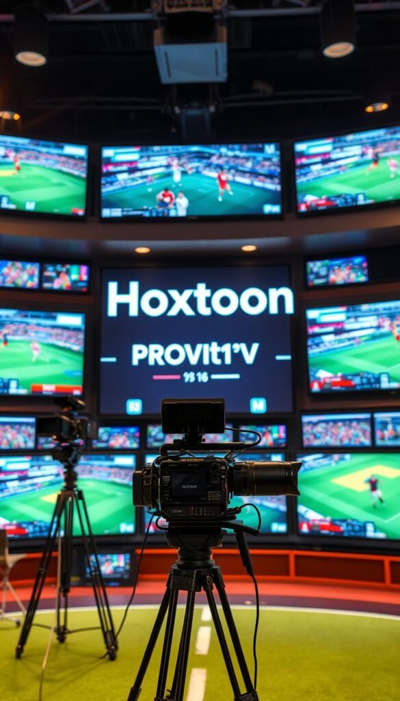 A sports broadcasting studio with a dynamic array of IPTV channels displayed on large screens. The Hoxtoon Provider logo is prominently featured, showcasing its leadership in the IPTV market. The lighting is warm and inviting, creating a professional atmosphere. Sleek camera equipment and modern production gear are visible, hinting at the technical capabilities of the Hoxtoon platform. The overall composition conveys a sense of excitement and energy, reflecting the thrill of live sports coverage.