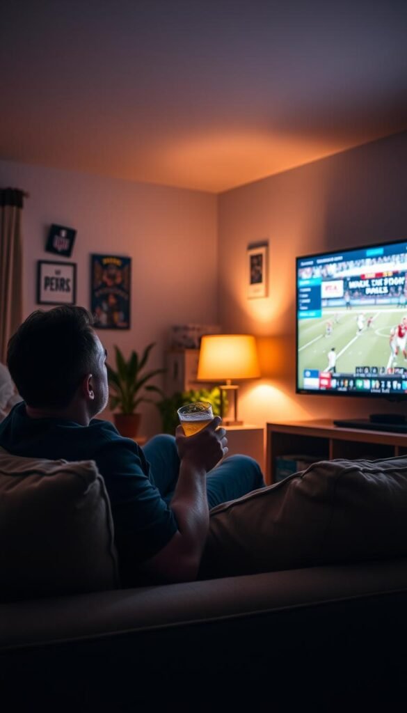 A sports fan sitting comfortably on a plush couch, watching a live Hoxtoon Provider sports broadcast on a large, high-definition television. The room is dimly lit, creating a cozy atmosphere, with warm lighting from a floor lamp casting a soft glow. The fan is engrossed in the game, eyes fixed on the screen, holding a cold beverage. In the background, subtle sports memorabilia and a potted plant add to the ambiance. The scene conveys the excitement and immersion of a dedicated sports enthusiast enjoying Hoxtoon Provider's comprehensive sports coverage.