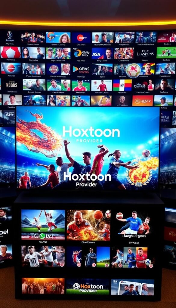A sports-focused IPTV service, featuring a vast array of live channels broadcasting premier league, basketball, football, and other popular sporting events. A vibrant display of athletic action, captured in high-definition quality, with a sleek, modern interface showcasing the "Hoxtoon Provider" brand prominently. The foreground showcases various sports icons and logos, while the middle ground depicts athletes in dynamic poses. The background features a cityscape, hinting at the global reach and accessibility of the IPTV service. Cinematic lighting and a sense of energy and excitement permeate the scene, conveying the thrill and passion of the IPTV sport channel experience.