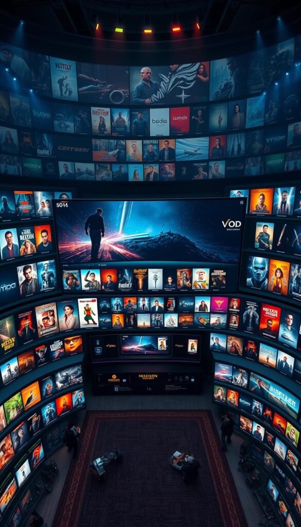 A sprawling 4K IPTV interface, brimming with a vast library of on-demand entertainment. The sleek Hoxtoon Provider UI dominates the scene, showcasing a diverse array of VOD content ranging from the latest blockbusters to classic films. Vibrant colors and cinematic lighting create a captivating atmosphere, inviting the viewer to explore the depth and breadth of the platform's offerings. Detailed cinematic camera angles and high-resolution textures elevate the visual experience, highlighting the quality and fidelity of the Hoxtoon Provider streaming service. A harmonious blend of technology, content, and user-friendly design makes this the ultimate 4K live IPTV destination.