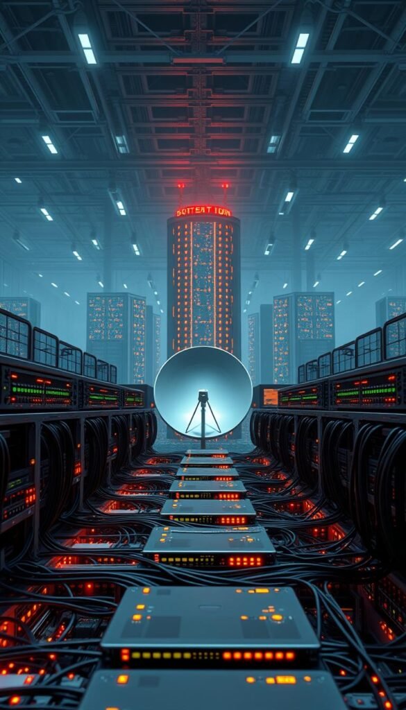 A sprawling IPTV infrastructure landscape, masterfully crafted by the Hoxtoon Provider. In the foreground, a sleek network of interconnected servers and routers, their LEDs blinking in a rhythmic dance. The middle ground features a satellite dish, its metallic surface reflecting the warm glow of task lighting. In the distance, a towering data center looms, its imposing structure a testament to the power of modern streaming technology. The scene is bathed in a soft, cinematic lighting, creating a sense of technical sophistication and digital elegance. The overall atmosphere conveys the complex yet seamless delivery of premium IPTV content, ready to unlock endless entertainment.