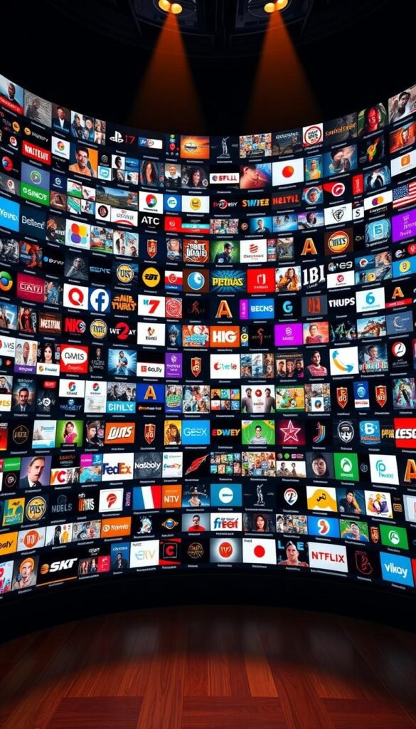 A sprawling IPTV interface showcasing the vast channel selection of the Hoxtoon Provider. A richly detailed UI fills the frame, with vibrant icons, logos, and program thumbnails cascading across multiple columns and rows. The layout conveys a sense of depth and visual complexity, hinting at the sheer breadth of content available. Warm, theatrical lighting bathes the scene, creating an inviting, premium ambiance. The camera angle is slightly elevated, allowing the viewer to take in the expansive, immersive nature of Hoxtoon's 21,000+ channel library. Every aspect of the design radiates quality, professionalism, and the promise of endless entertainment options.