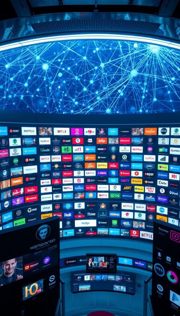 A sprawling array of digital channels displayed on a sleek, futuristic user interface, the Hoxtoon Provider content library shines with vibrant colors and crisp resolution. In the foreground, various category icons and thumbnails invite exploration, while the middle ground showcases a grid of channel logos, each one a gateway to a wealth of entertainment. The background features a dynamic visualization of network connectivity, pulsing with the energy of Hoxtoon's vast and diverse content ecosystem. Lighting is soft and diffused, creating a sense of depth and atmosphere, while the camera angle provides an immersive, bird's-eye view of the user experience. The overall mood is one of technological sophistication, content abundance, and the promise of endless viewing possibilities.