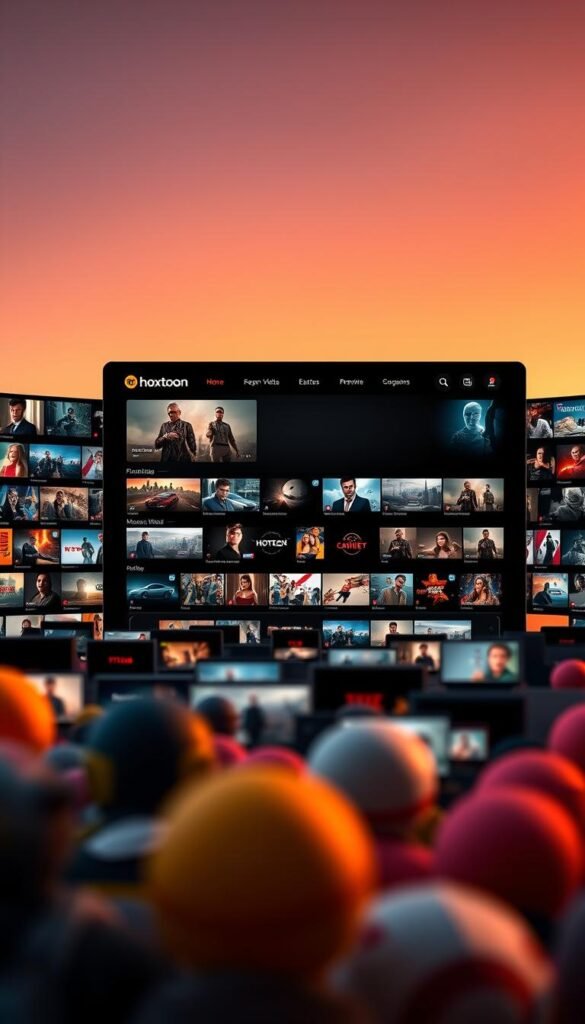 A sprawling array of on-demand entertainment options, showcased against a sleek, minimalist interface of the Hoxtoon Provider platform. In the foreground, a diverse selection of genre-spanning video thumbnails, each promising a unique cinematic experience. The middle ground reveals a clean, intuitive navigation system, guiding users through a vast library of over 150,000 VODs. In the background, a serene gradient backdrop sets the mood, accentuating the premium quality and cutting-edge technology of the Hoxtoon ecosystem. Warm, directional lighting illuminates the scene, casting a subtle glow on the meticulously crafted UI. The overall composition conveys a sense of sophistication, ease of use, and the endless possibilities for on-demand entertainment at the fingertips of Hoxtoon's discerning users.