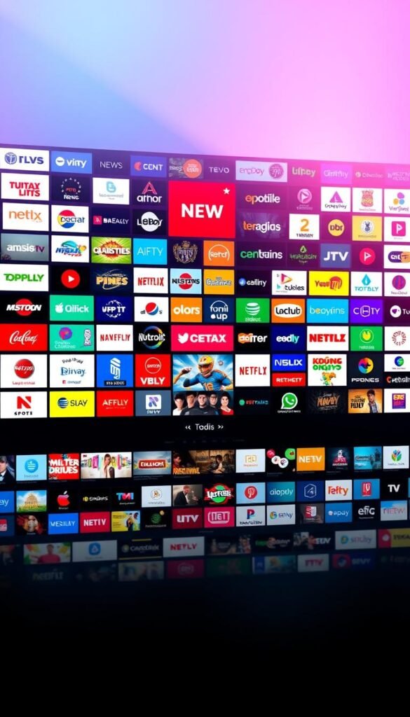 A sprawling array of streaming channels, showcasing the comprehensive selection of the Hoxtoon Provider. Sleek and modern user interface, with channels neatly organized into vibrant categories. In the foreground, a grid of logos representing the diverse genres - news, sports, movies, entertainment, and more. The middle ground features dynamic thumbnail previews, highlighting the depth and variety of content. In the background, a soft, gradient-based color scheme sets a polished, premium tone. Subtle lighting accentuates the clarity and vibrancy of the channel icons, creating a visually striking and immersive presentation of the Hoxtoon Provider's extensive channel lineup.