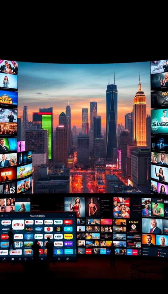 A sprawling array of television channels, a diverse content library spanning genres and regions, all meticulously curated by the Hoxtoon Provider. In the foreground, a sleek, modern interface showcases the extensive channel lineup, with vibrant icons and intuitive navigation. The middle ground features silhouettes of various programs and shows, hinting at the breadth of entertainment options. In the background, a dynamic cityscape with towering skyscrapers and neon-lit streets, symbolizing the global reach and technological prowess of the Hoxtoon Provider network. Warm, diffused lighting creates a sense of comfort and accessibility, inviting the viewer to explore the limitless world of content at their fingertips.