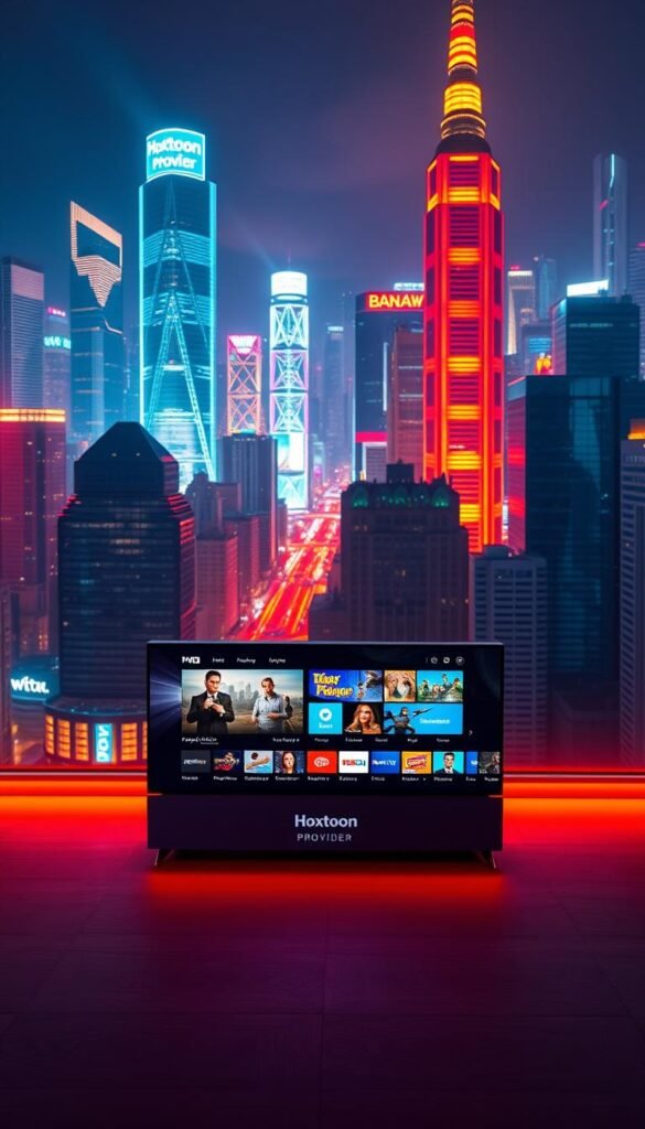 A sprawling cityscape of neon-lit skyscrapers, bustling with the energy of a thriving metropolis. In the foreground, a sleek, modern media center takes center stage, its sleek lines and luminous display showcasing the "Hoxtoon Provider" brand. The scene is bathed in a warm, vibrant glow, capturing the excitement and immersion of a premium IPTV experience. Crisp, high-definition channels flicker across the screen, offering a glimpse into the vast, diverse world of entertainment at your fingertips. The overall atmosphere conveys a sense of technological innovation, connectivity, and the endless possibilities of a premium IPTV service.