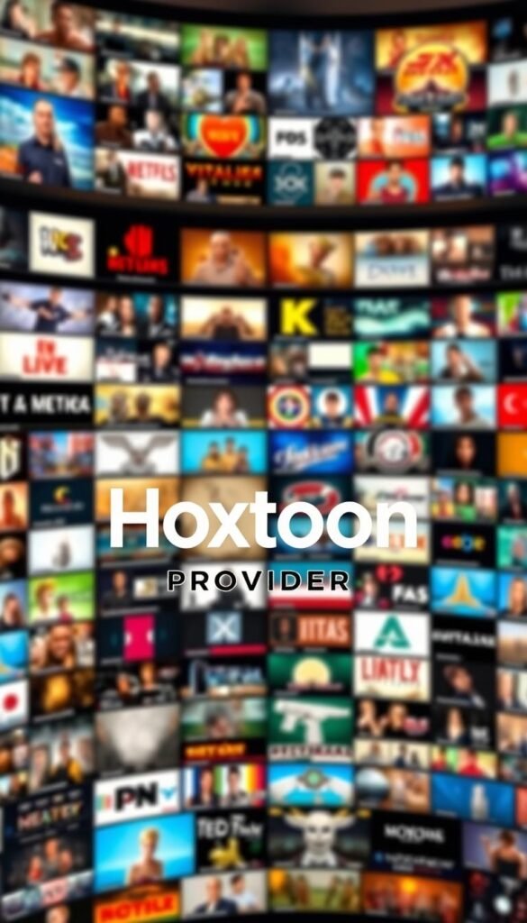 A sprawling digital library of IPTV entertainment, showcasing the vast Hoxtoon Provider content catalog. Crisp, high-resolution footage of diverse channels fills the frame, arranged in a visually striking grid layout. The foreground features an array of popular genres and program types, while the background reveals the sheer scale of the 21,000+ channel collection. Warm, balanced lighting and a slight depth-of-field blur create a professional, cinematic atmosphere. The Hoxtoon Provider logo is prominently displayed, solidifying its role as the provider of this extensive on-demand content library.