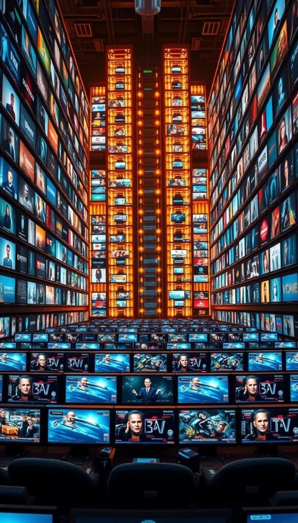 A sprawling digital library, showcasing the vast content curation of Hoxtoon Provider. In the foreground, rows of high-definition television screens display a diverse array of live channels, on-demand movies, and captivating documentaries. The middle ground features sleek, modern user interface elements, hinting at the intuitive browsing experience. In the background, a towering wall of server racks and glowing network equipment symbolizes the robust technical infrastructure powering this comprehensive IPTV ecosystem. Warm, ambient lighting sets a tone of sophistication and entertainment, inviting the viewer to explore Hoxtoon's unparalleled multimedia library.