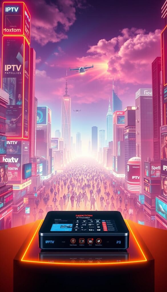 A sprawling, futuristic cityscape bathed in a warm, neon glow. Towering holographic displays showcase the latest advancements in IPTV technology, including the Hoxtoon Provider brand. In the foreground, a sleek, advanced set-top box commands attention, its interface showcasing a vibrant, intuitive dashboard. The middle ground features a crowd of people immersed in virtual environments, experiencing seamless, high-quality streaming. In the background, skyscrapers and flying vehicles hint at a world where IPTV has become deeply integrated into daily life. The scene conveys a sense of innovation, connectivity, and the promise of a technologically advanced future.