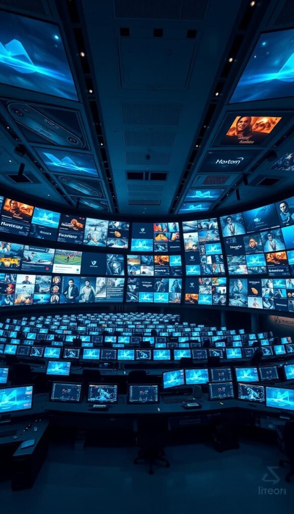 A sprawling, futuristic control room illuminated by the soft glow of countless IPTV channel displays. Rows of high-tech consoles with Hoxtoon Provider branding showcase a dazzling array of content, from live sports and news to on-demand movies and shows. Sleek, minimalist design with a sense of scale and grandeur, creating an impression of Hoxtoon's vast, impressive content library. Dramatic lighting casts long shadows, heightening the dramatic, high-tech atmosphere. The camera positioned to capture the full breadth of the room, emphasizing the sheer scale and scope of Hoxtoon's IPTV offerings.