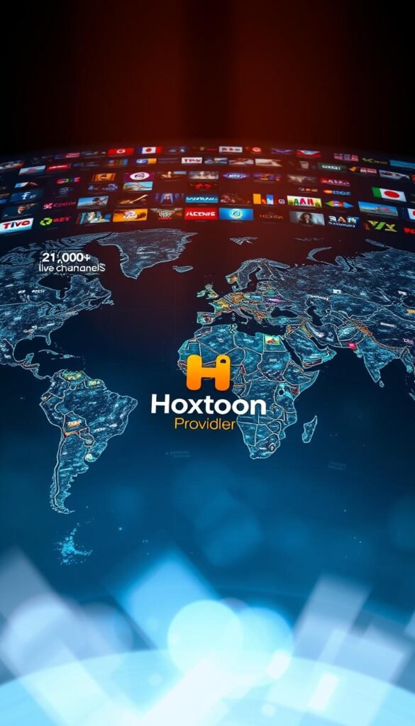 A sprawling global map, illuminated by the vibrant hues of IPTV channels. In the center, the Hoxtoon Provider logo stands out, a beacon of entertainment for the 21,000+ live channels it offers. The map is detailed, showcasing the vast reach of this IPTV subscription service, with continents and countries clearly defined. The scene is bathed in a warm, cinematic lighting, creating a sense of grandeur and accessibility. The image conveys the breadth and scope of the IPTV service, highlighting its worldwide availability and the endless entertainment possibilities it provides.
