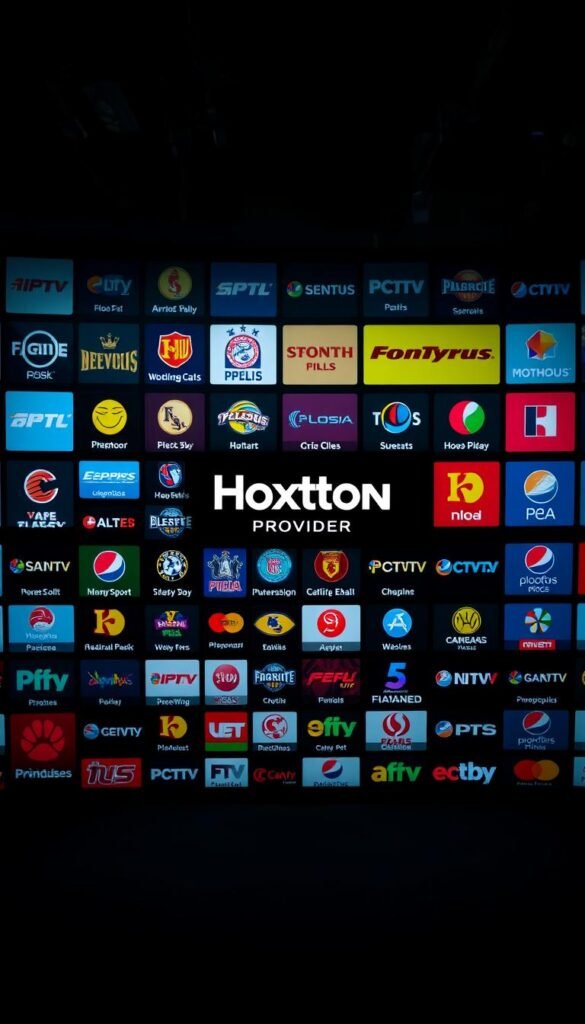 A sprawling grid of high-definition IPTV sports channel icons, arranged in a visually striking composition. Channels are displayed in a well-organized layout against a sleek, dark background, with the Hoxtoon Provider branding prominently featured. The image conveys a sense of comprehensive coverage and premium content, with vibrant colors and sharp, detailed channel logos. Dramatic studio lighting casts dramatic shadows, creating depth and a professional, cinematic feel. The camera angle is slightly elevated, giving an authoritative, bird's-eye view of the extensive IPTV sports channel lineup available to USA viewers.