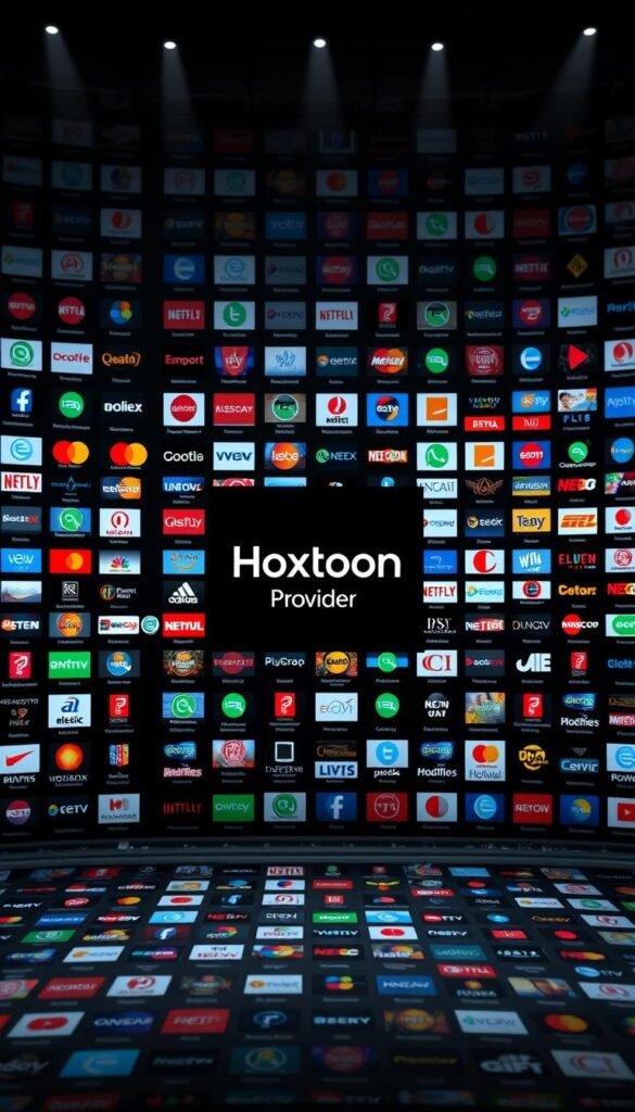 A sprawling grid of television channel logos, meticulously arranged against a sleek, dark background, illuminated by soft, directional lighting that casts subtle shadows, creating a sense of depth and dimension. In the center, the prominent "Hoxtoon Provider" logo stands out, beckoning the viewer to explore the extensive 21,000+ channel selection. The grid is organized into clear layers, with the foreground featuring the most prominent and recognizable channels, the middle ground showcasing a diverse array of international and niche options, and the background filled with a dazzling array of additional choices. The overall mood is one of sophistication, authority, and comprehensive entertainment, inviting the viewer to immerse themselves in the vast world of HOXTOON's unparalleled channel selection.