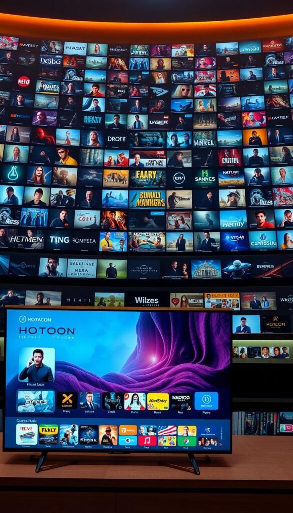 A sprawling, high-definition IPTV landscape, showcasing Hoxtoon Provider's vast content library. In the foreground, a pristine 4K display presents a diverse array of channels, ranging from thrilling movies to captivating live sports. The middle ground features a sleek, modern user interface, inviting viewers to explore Hoxtoon's seamless platform. In the background, a myriad of content icons and thumbnails suggest the sheer breadth of entertainment options available, all bathed in a warm, cinematic lighting that evokes a sense of quality and sophistication. The scene exudes a polished, professional atmosphere, reflecting Hoxtoon Provider's commitment to delivering an unparalleled IPTV experience.