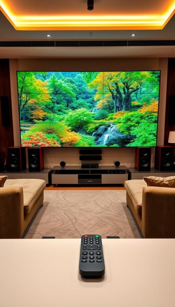 A sprawling home entertainment setup with a sleek, modern TV screen showcasing the Hoxtoon Provider IPTV service in stunning high-definition. The screen displays a lush nature scene with vibrant colors and intricate details, immersing the viewer in a crystal-clear visual experience. Surrounding the TV are premium audio equipment, plush furniture, and soft mood lighting, creating an atmosphere of luxurious home cinema ambiance. In the foreground, a minimalist remote control hints at the user-friendly interface of the Hoxtoon Provider IPTV platform. The entire scene evokes a sense of high-quality, premium entertainment at the fingertips.