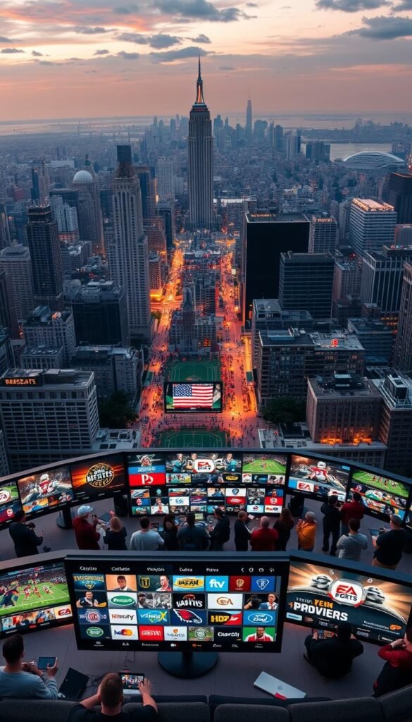 A sprawling landscape of American sports entertainment, featuring the iconic logos and branding of leading IPTV sports channels. In the foreground, a sleek and modern HOXTOON PROVIDER interface showcases a diverse selection of live sporting events, with a vibrant color palette and a sense of energy and dynamism. The middle ground depicts a variety of sports enthusiasts, from passionate fans to seasoned analysts, gathered around screens to enjoy the latest games. In the background, a cityscape with towering skyscrapers and bustling streets sets the stage for this evolving era of sports viewing. Soft, warm lighting illuminates the scene, creating a sense of anticipation and excitement. The overall atmosphere conveys the seamless integration of technology, sports, and the insatiable appetite of American viewers for the thrill of live, high-quality sports entertainment.