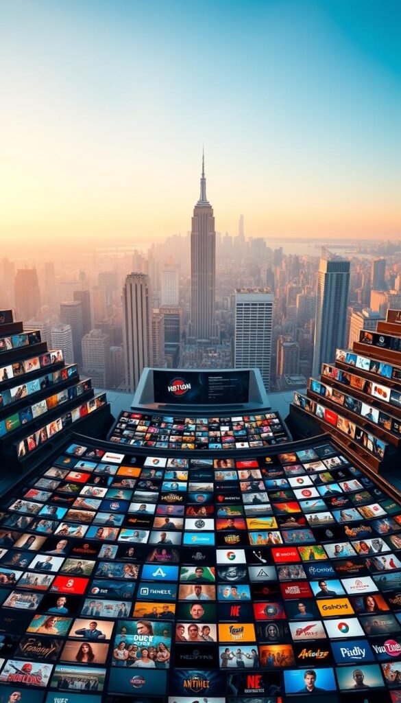 A sprawling library of channels unfolds, showcased by the Hoxtoon Provider. In the foreground, a vast array of vibrant, high-definition thumbnails, each a gateway to an expansive world of entertainment. The middle ground presents a sleek, modern interface, with intuitive navigation and personalized recommendations. In the background, a stunning cityscape backdrop, symbolizing the global reach and diverse content of Hoxtoon's extensive channel library. Warm, soft lighting illuminates the scene, creating an inviting and immersive atmosphere. Captured with a wide-angle lens to convey the sheer scale and depth of the Hoxtoon channel offering.