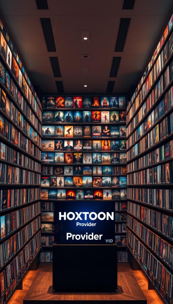 A sprawling library of on-demand entertainment, the HOXTOON VOD Collection presents a vast expanse of cinematic delights. Against a backdrop of sleek, modern shelving, rows of digital movie covers beckon viewers, their vibrant colors and striking artwork illuminated by warm, soft lighting. In the foreground, the Hoxtoon Provider logo stands as a beacon, symbolizing the wealth of content at users' fingertips. Angles shift to showcase the depth and breadth of the collection, highlighting the sheer volume of titles available. An atmosphere of cinematic anticipation pervades the scene, inviting the viewer to explore the boundless possibilities of HOXTOON's on-demand entertainment.