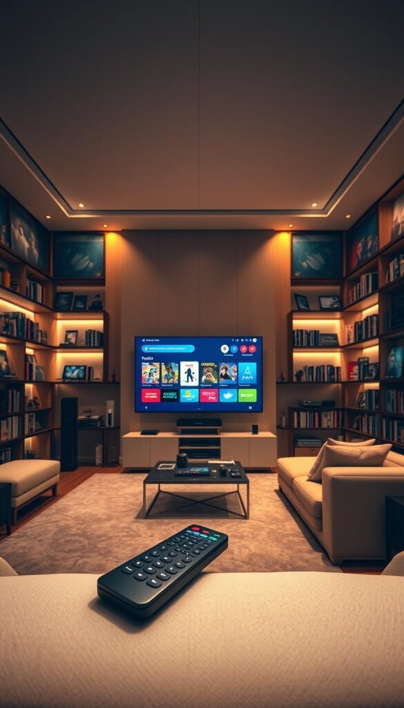 A sprawling living room filled with an array of modern entertainment devices, centered around a large flat-screen TV displaying a vibrant on-demand IPTV interface. The room is bathed in warm, diffused lighting, with sleek shelves and cabinets housing a vast collection of movies, TV shows, and streaming apps. In the foreground, a Hoxtoon Provider remote control rests on a plush, minimalist couch, symbolizing the convenience and accessibility of the on-demand entertainment experience. The overall scene conveys a sense of luxury, comfort, and the ability to access a boundless library of content at one's fingertips.