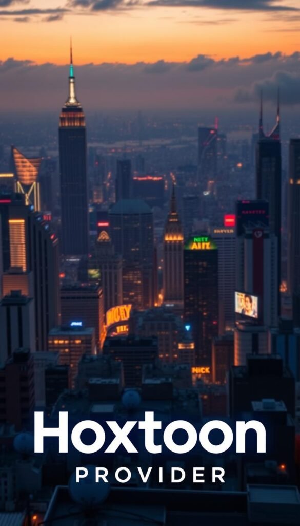 A sprawling metropolis skyline at twilight, with the Hoxtoon Provider logo illuminated prominently in the foreground. Towering skyscrapers and neon-lit billboards fill the cityscape, hinting at the vast array of premium IPTV channels available. The scene is bathed in a warm, cinematic glow, creating an atmosphere of excitement and anticipation. In the middle ground, satellite dishes and antennas dot the rooftops, symbolizing the cutting-edge technology that powers the IPTV network. The background is blurred, drawing the viewer's focus to the vibrant, dynamic world of premium IPTV channels.